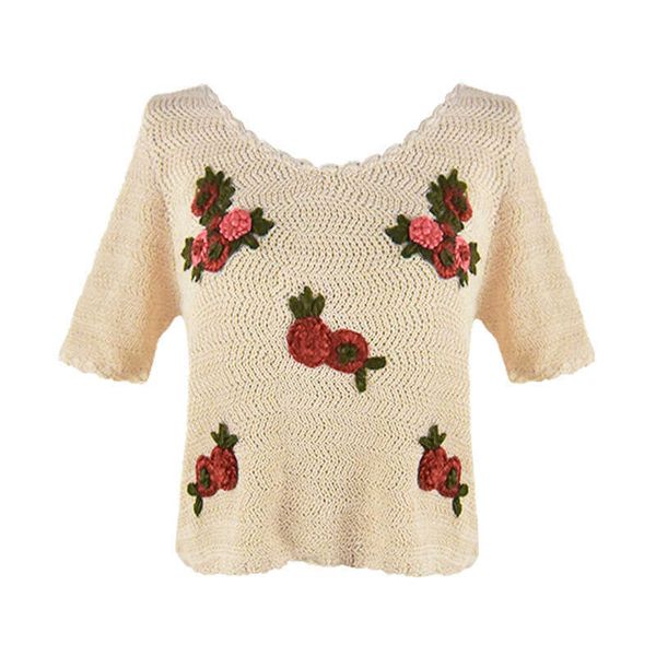 

perhaps u women embroidery 3d floral short sleeve knitted summer b0392 210529, White
