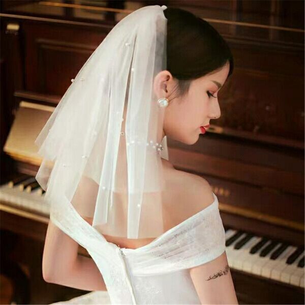 

bridal veils short beaded shoulder length veil two layer tulle cut edge pearls wedding wholesale 2021 accessories, Black