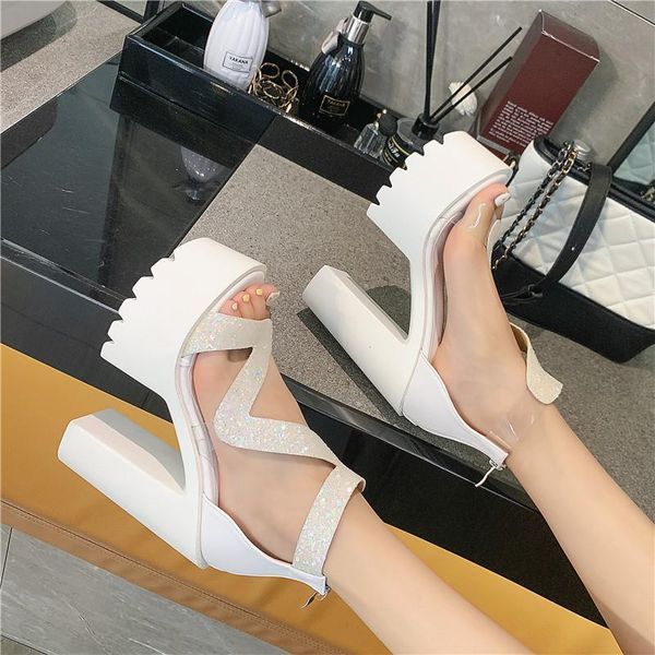 

sandals summer style high-heeled shoes transparent thick heels women, Black