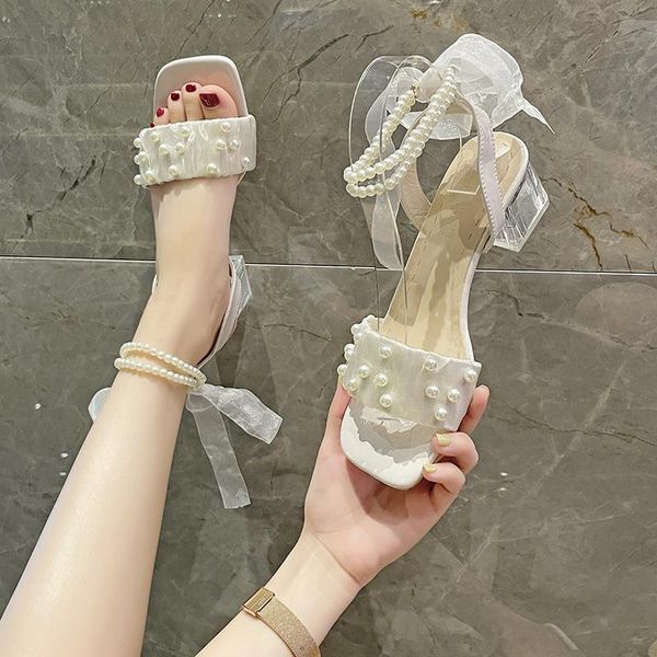 

sandals summer roman style word buckle elegant and exquisite crystal heel pearl temperament ladies sandals., Black
