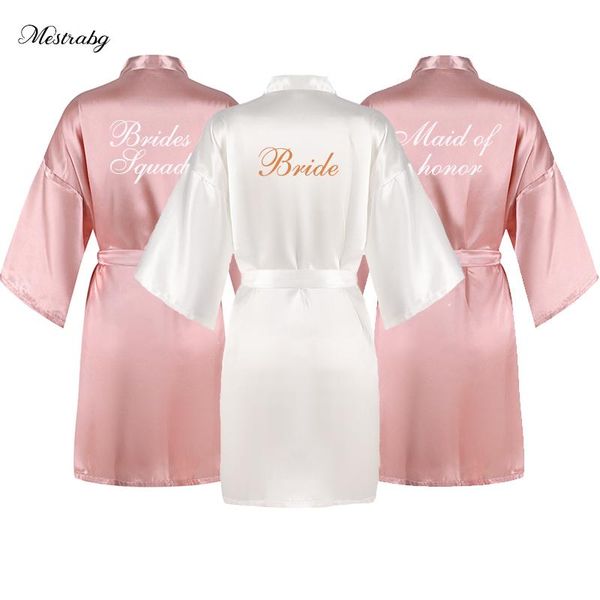 

women's sleepwear rose gold pink bride robe white writing women party short classic design kimono satin lingerie bridesmaid night robes, Black;red