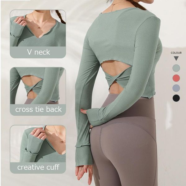 

yoga outfit women long sleeves crop cross back breathable sport t shirt workout fitness gym running sweater clothes