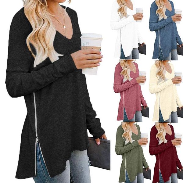 

fashion split side zipper blouse shirt loose solid v-neck tee casual winter ladies female women long sleeve blusas pullover, White