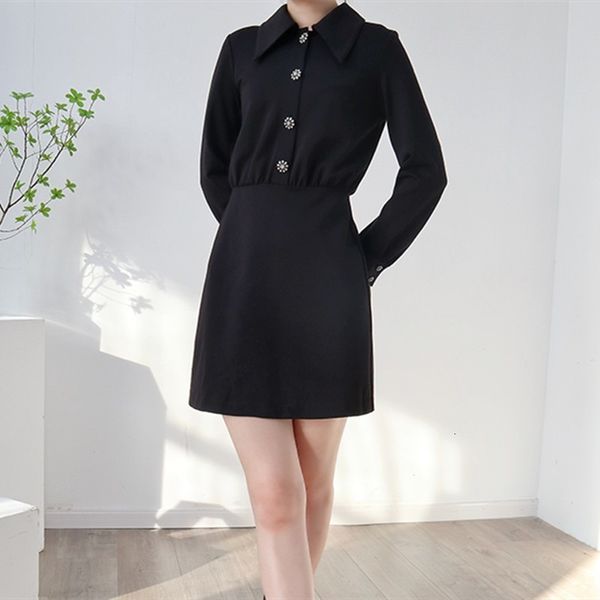 

2021 new women's black short turn-down collar long sleeve a-line early autumn es with rhinestone flower buttons 62wy, Black;gray