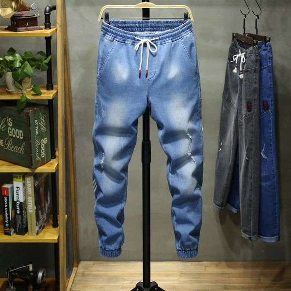 

2021spring and summer nine point harem pants elastic lace up casual loose legged jeans men's fashion brand youth shoes, Blue
