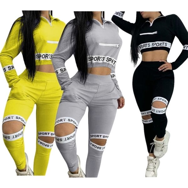 

fashion women two piece sets sport fitness outfit letter zipper up hole pants jogger bilkers tracksuit wholesale dropshpping 211106, Black
