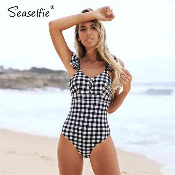 Seaselfie Sexy Preto e Branco Gingão Swimsuit Mulher Ruffled Swimwear Monokini Menina Banheira De Praia Beachwear 210702