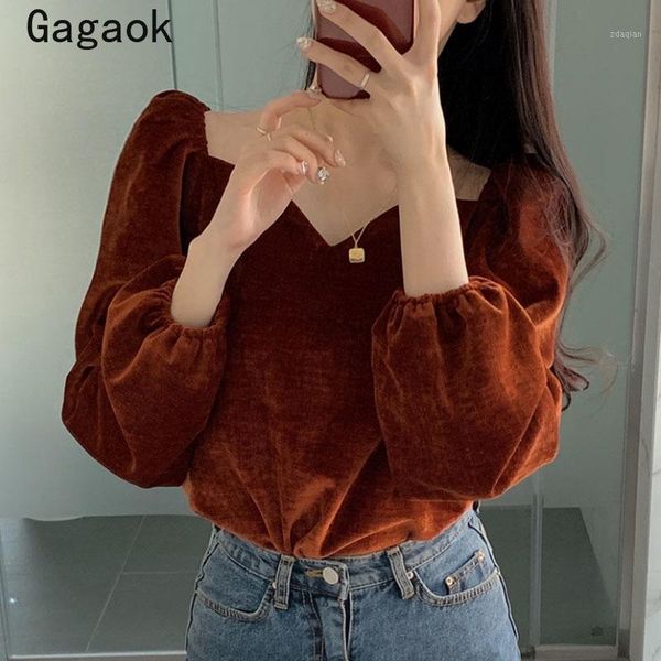 

gagaok women blouse 2021 spring autumn vintage v-neck puff sleeve solid elegant shirts korean fashion wild chic blouses women's &, White