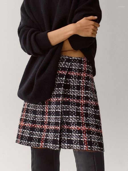 

women skirt irregular hem contrast color check high waist a-line mini skirts, Black