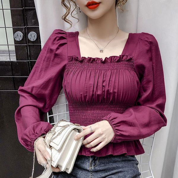 

new women 2021 spring autumn fashion sleeve female vintage square collar solid casual shirts ladies chic blouses a730sqaz, Black