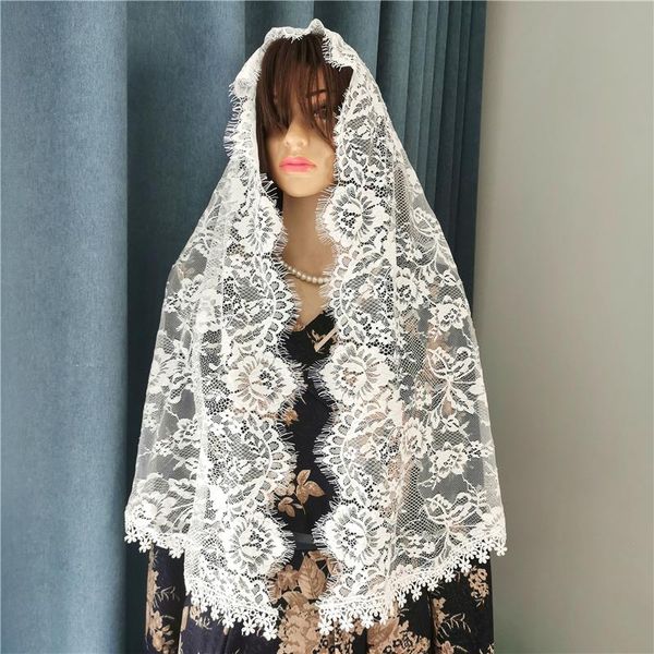 

bridal veils ivory soft floral lace mantilla for church mass women head covering wraps with hair clip catholic long, Black
