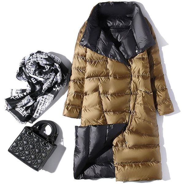 

double sided down jacket women coat female two side wear long jacket turtleneck white duck down women coat warm parkas, Black