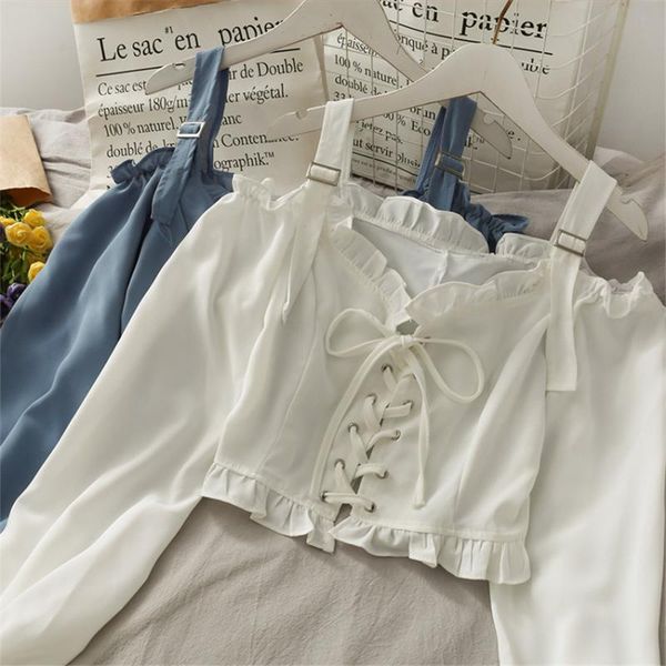 

women's blouses & shirts 2021 crop off shoulder blouse women strap lace up bandage slim elegant shirt blusa feminina, White