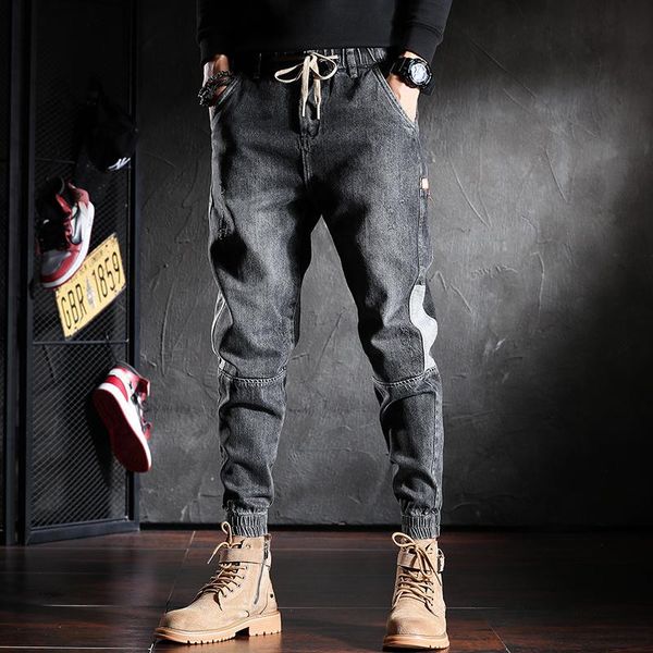 

men fashion patchwork jeans casual gray black loose pencil pants, Blue