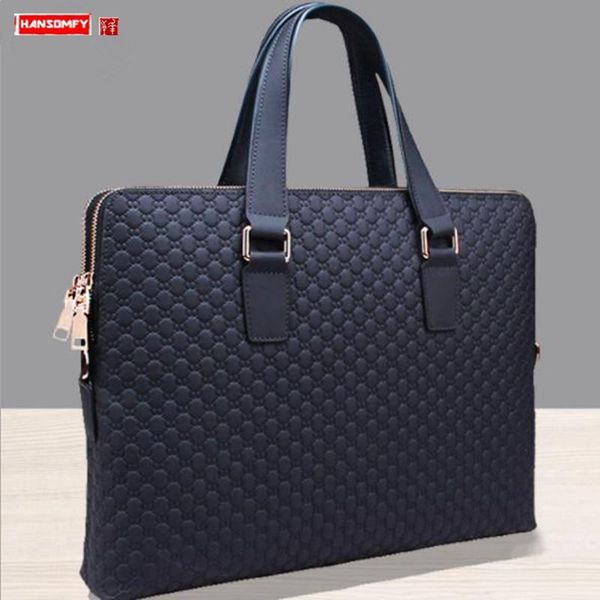 

briefcases genuine leather men handbags business briefcase portable 14 inch lapbag shoulder diagonal blue/black male messenger bags