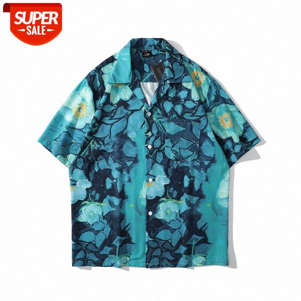

hong kong style vintage retro oil painting flower short-sleeved shirt for men and women handsome beach vacation #js09, White;black