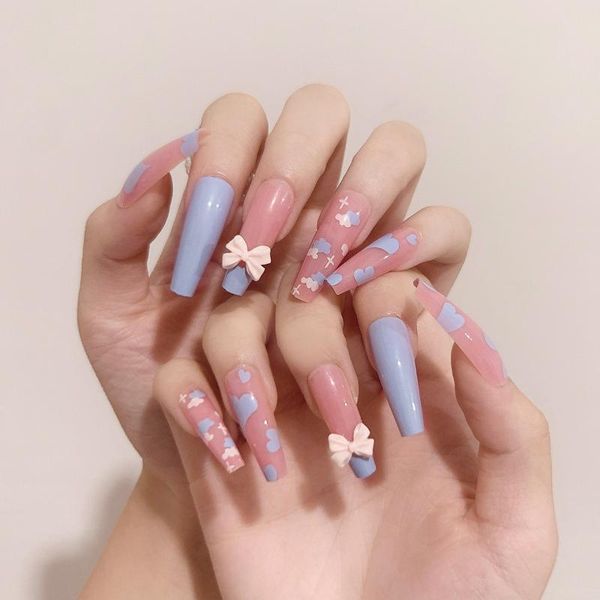 

false nails 24pcs love heart printed nail patch glue type removable long paragraph fashion manicure save time dl, Red;gold