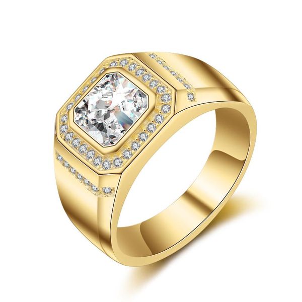 

cluster rings 14k yellow gold rectangle cut diamond ring for men luxury white full inlaid zircon simulation fine jewelry, Golden;silver