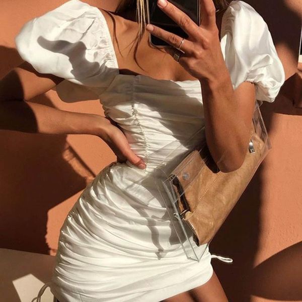 

casual dresses womens fashion u neck fold drawstring adjustable bodycon cute puff sleeve prom autumn dress vestidos de noche robe, Black;gray