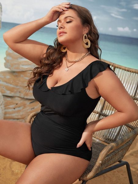 

plus ruched ruffle trim one piece swimsuit m23z#, Black
