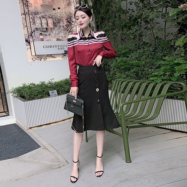 

women's striped lapel long sleeve shirt belt half skirt fashion office spring new piece suit 76g6, Black;gray