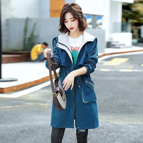 

women's trench coats drawstring windbreaker hooded spring and autumn coat female leisure zipper sports fashion outerwear 2xl, Tan;black