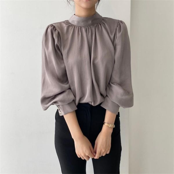 

women's blouses & shirts hzirip fashion women autumn office wear slim casual all match puff sleeve 2021 minimalist loose solid ol, White