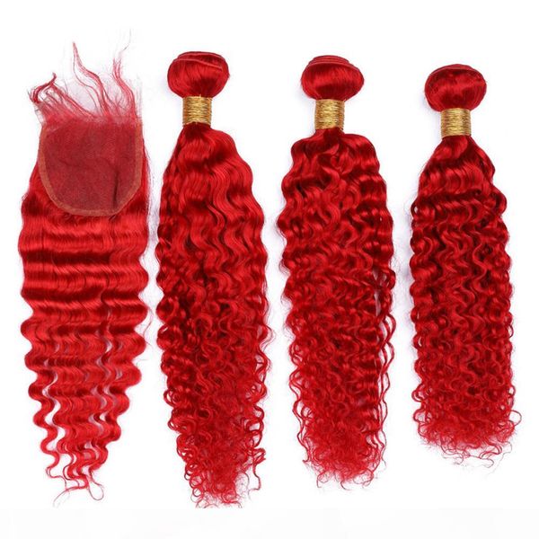 

brazilian human hair 3bundles bright red deep wave weaves with closure wavy red colored virgin hair wefts with 4x4 front lace closure, Black;brown
