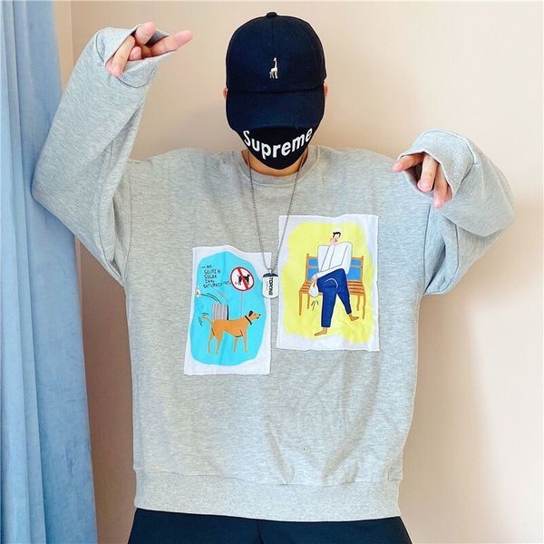 

new hip 2021 hop streetwear pantchwork stickers harajuku sweatshirt autumn casual cotton oversized hoodie pullover lhl5, Black