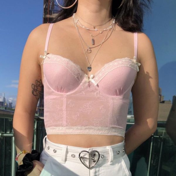 

y2k floral cute pink mesh cami cropped women summer sleeveless milkmaid backless spaghetti strap fashion clothes, White