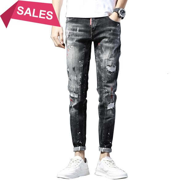 

new skinny ripped jeans for elastic paint slim pants men clothes hip hop streetwear spring autumn deep grey, Blue