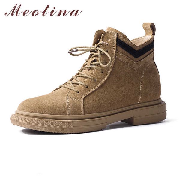 Meotina Inverno Real Couro Ankle Botas Mulheres Vaca Camurça Plana Botas Short Lace Up Round Toe Sapatos Sapatos Outono Outono Preto Tamanho 34-39 210608