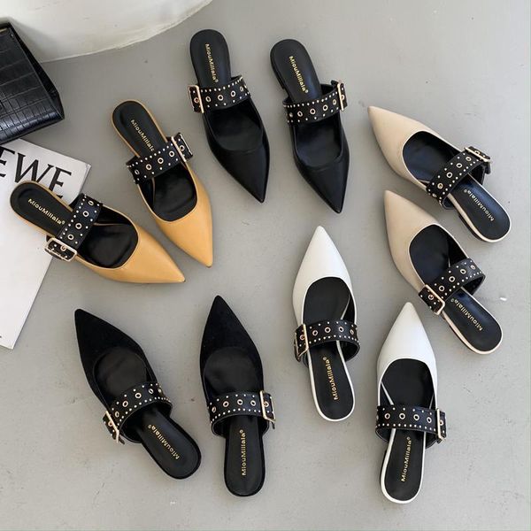 

elegant low heel women mules summer pointed-toe ladies slippers slip on leisure ladies office shoes beige pumps female, Black