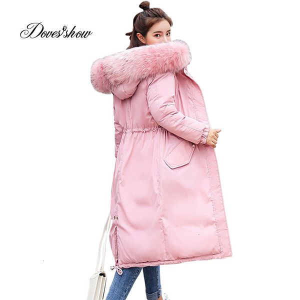

elastic hooded fur collar winter down coat jacket long warm women parkas outwear casaco feminino abrigos mujer invierno t191024, Black