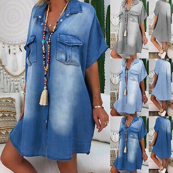 

women summer dress plus size casual v neck pocket asymetric denim dresses batwing short sleeve knee length dress for women, Black;gray