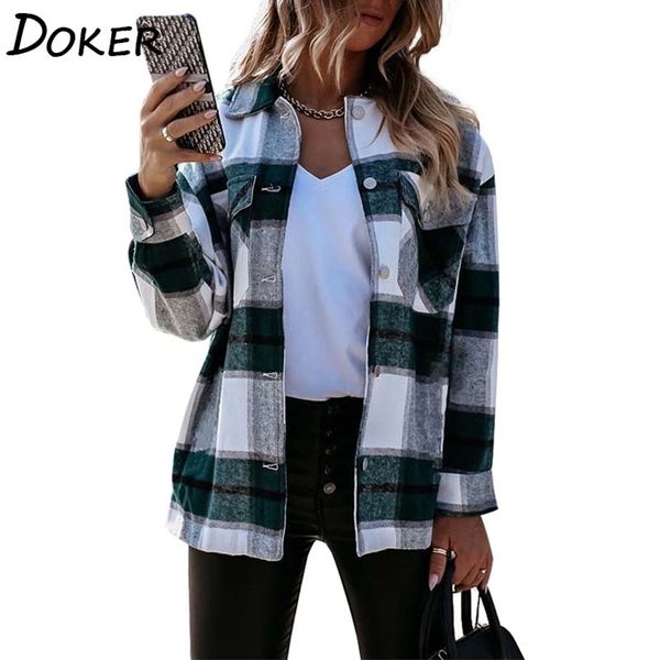 

vintage plaid shirt coat women winter turn-down collar long sleeve plus size pocket fashion streetwear ladies jackets ropa mujer 210604, Black;brown