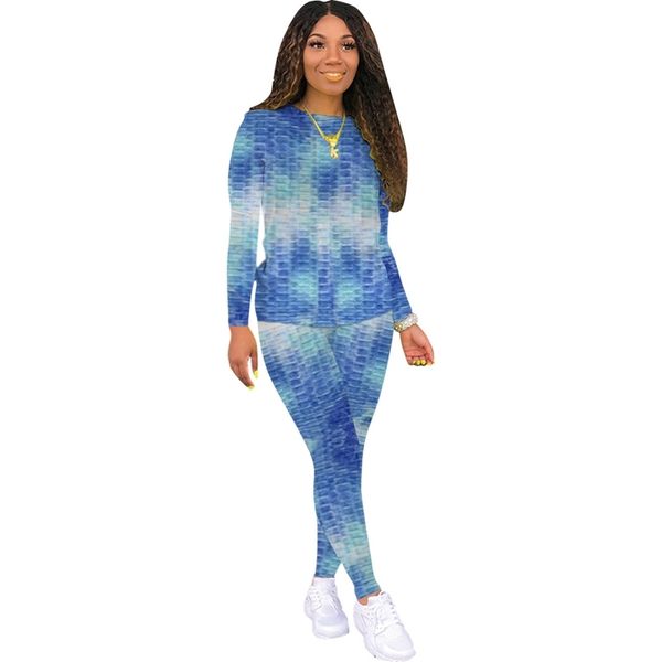 

ladies tie-dye plaid print two piece set streetwear long sleeve tshirts+skinny legging women's sports suit fato de treino mulher 210604, White