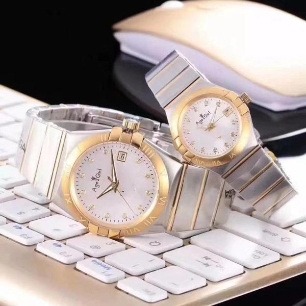 

wristwatches men women watch gold bezel white automatic mechanical stainless steel sapphire, Slivery;brown