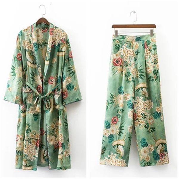 

two-piece women's fashion holiday style floral print kimono pajamas coat +wide leg pants suit o5qc, Gray
