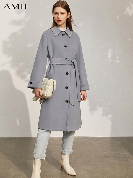 

women's wool & blends amii minimalism woolen coat for women winter double side 100% jacket fashion sashes loose outwear female overcoat, Black