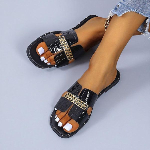 

slippers classic designer 2021 women flat flip flops double chain sandal shoes women's home sandals woman, Black