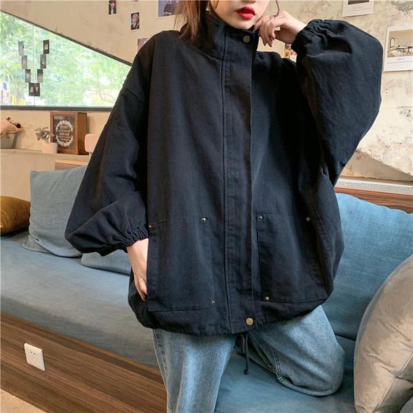 

oversized streetwear jackets women solid loose turn-down collar plus size daily coats style sun-proof harajuku all-match, Black;brown
