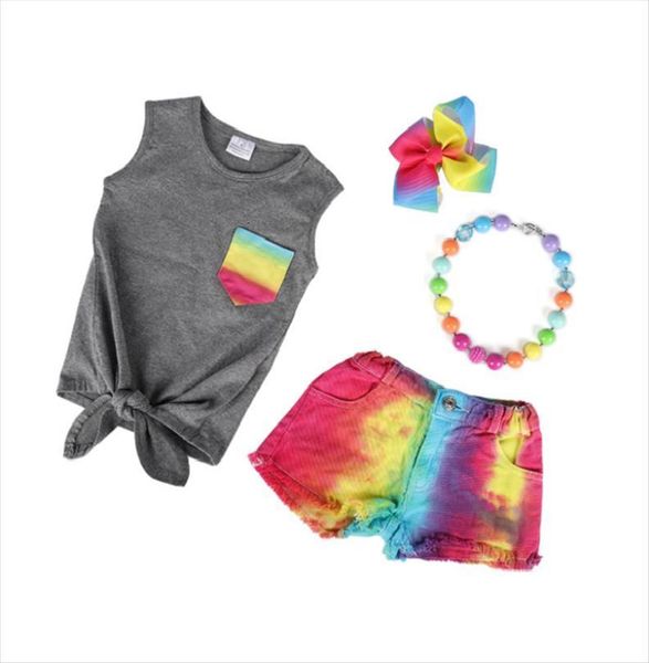 

summer baby girls shorts children clothes boutique tie dyed rainbow gray knot denims jeans set match accessories, White