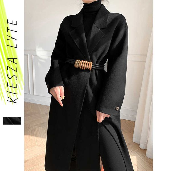 Siyah Yün Ceket kadın Orta - Uzunluk Sonbahar Kış Katı Yastıklı Hepburn Stil Yün Dış Giyim 210608