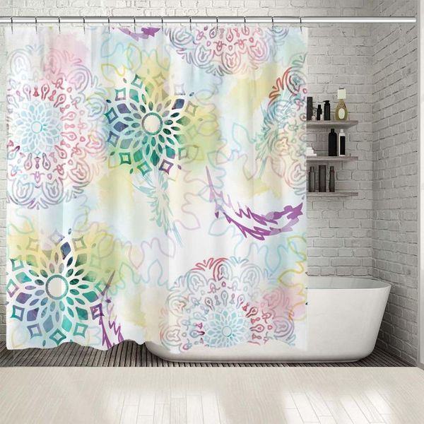 

shower curtains curtain mandalas and feathers on patterns watercolor paint stains mystic ethnic artwork pink purple green