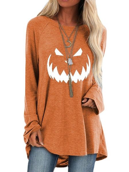 

halloween t-shirts pumpkin emoji long sleeve loose print casual women, White