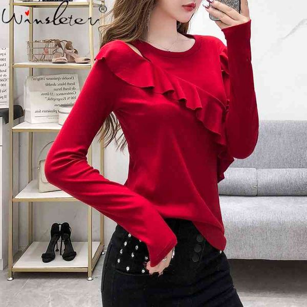 

women's t-shirt fall winter european clothes t-shirt fashion hollow out elastic ruffles women ropa mujer bottoming shirt, White