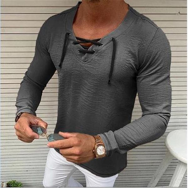 

autumn fashion t-shirt men slim fit v-neck vintage baggy long sleeve tee muscle casual linen kg-352, White;black