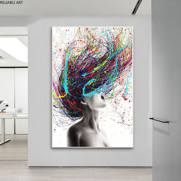 Moderne abstrakte Wandkunst, farbiges Haar, Frau, Leinwand, Malerei, Figur, Poster und Drucke, hängende Bilder für Wohnzimmer-Dekor
