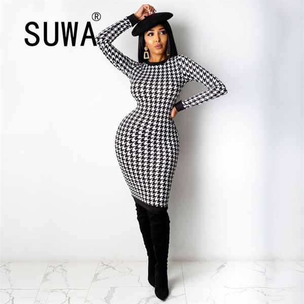 

black white classic printed women dresses fall recommend style elegant work wear party midi vestidos wholesale 210525, Black;gray